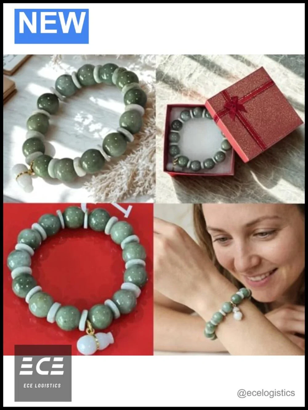 Green Jade Beaded Stretch Bracelet White Gourd Charm Feng Shui